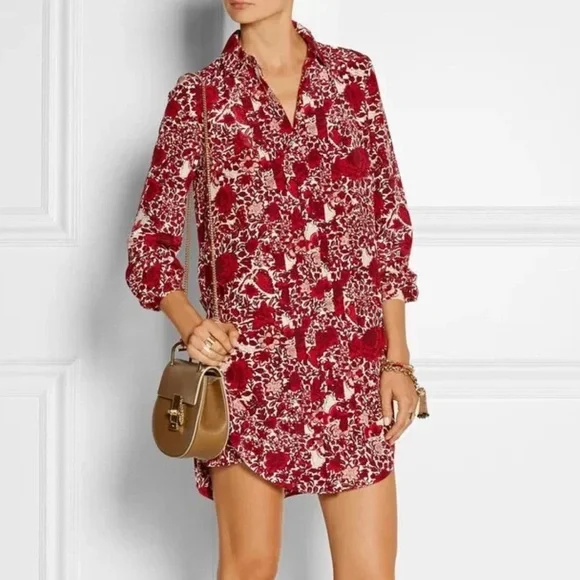 tory burch cora silk dress Tory Burch Womens Cora Floral Print Long Sleeves Shirtdress Red
